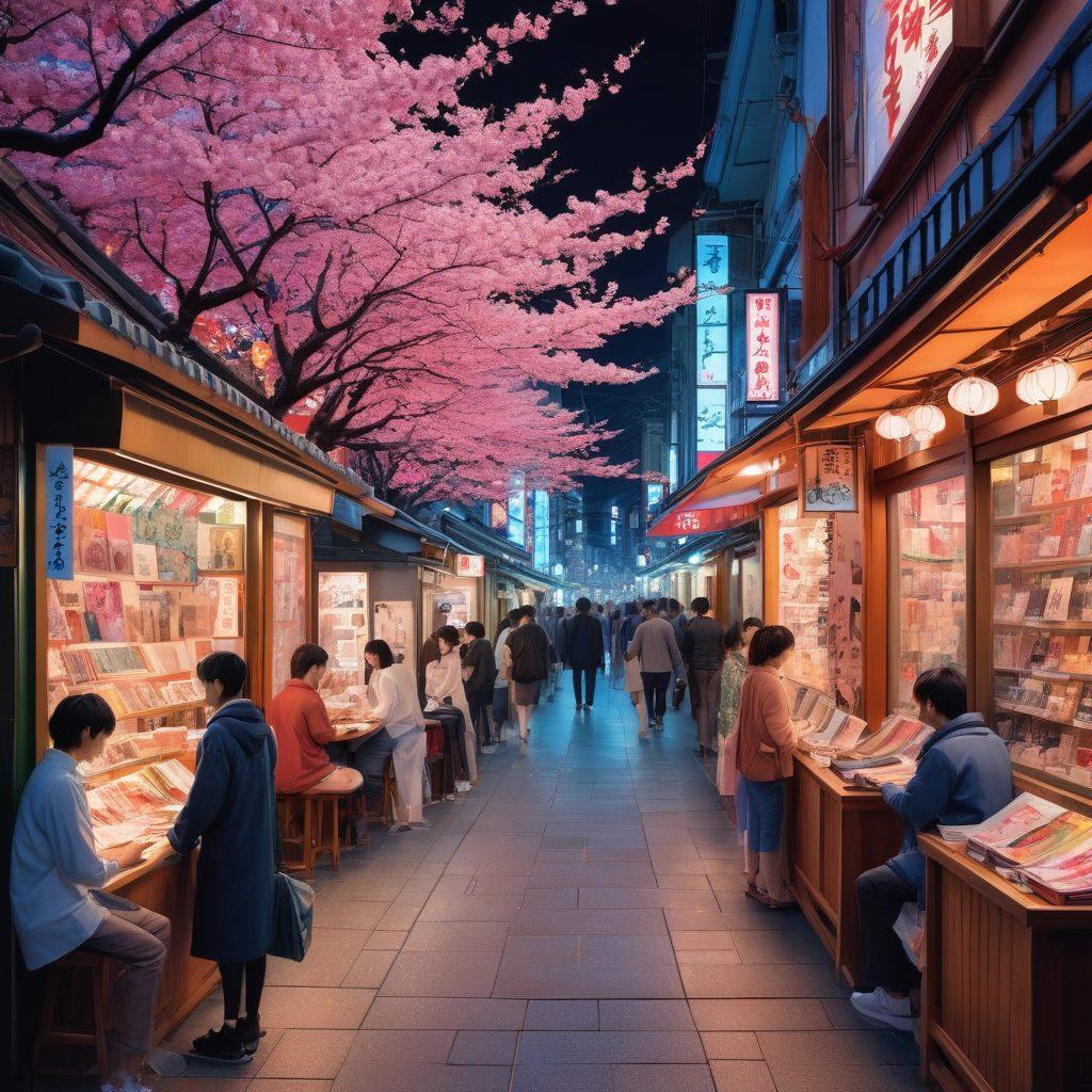 A dynamic and colorful illustration of a bustling Japanese street filled with adult manga shops, showcasing intricately designed manga covers with sensual characters. In the foreground, a group of diverse people, including artists sketching and fans discussing, immerse in the culture, surrounded by cherry blossoms. Neon lights reflect a blend of modern and traditional elements, inviting viewers into the world of erotic art. vibrant colors. detailed art style. cinematic depth.