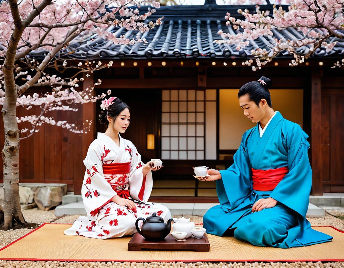 A dynamic collage showcasing a traditional Japanese tea ceremony juxtaposed with a vibrant, stylized adult manga scene. Incorporate elements like cherry blossoms, samurai armor, and manga characters in contemporary poses. The background should blend serene temple architecture with playful manga aesthetics, highlighting the contrast and fusion of traditions. Use vivid colors and intricate details to draw the viewer's eye. super-realistic. vibrant colors. 3D.